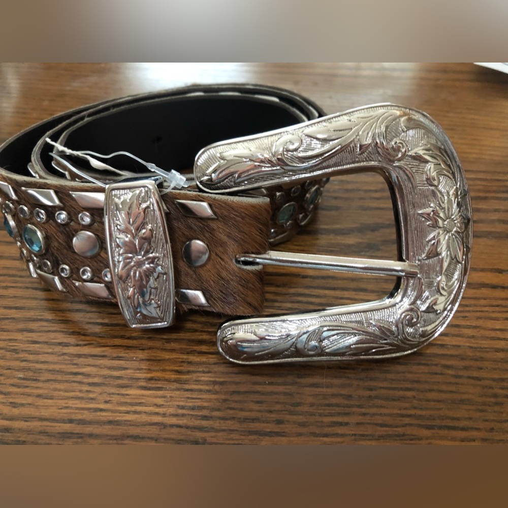 BOCA RATON NEW OLD STK   Vintage EMMON Brown Leather Aqua Studded Belt Sz S